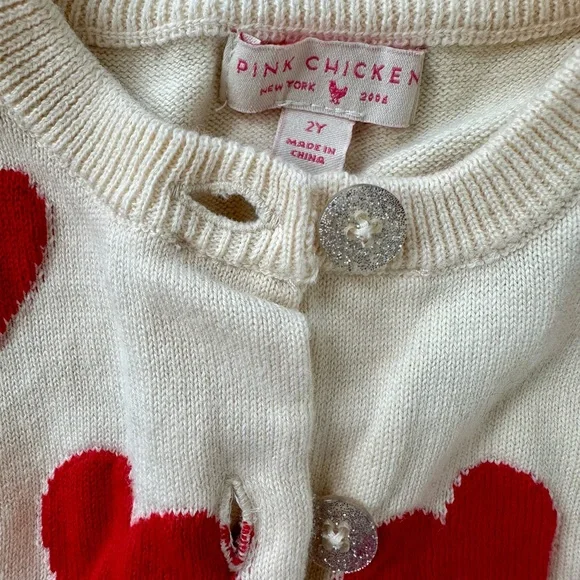 Pink Chicken l 2T l Cream Cardigan with Red Hearts - Picture 3 of 3